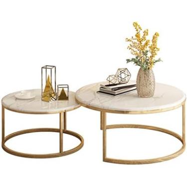 Imagem de Ninho de mesas conjunto de 2 mesas de centro redondas, mesa de chá elegante de 2 peças, mesa de assentamento empilhável com tampo de mármore e base dourada de metal, para móveis de alta qual