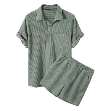 Imagem de Conjunto masculino casual de verão sólido de veludo cotelê solto de veludo cotelê de duas peças, conjuntos de camisetas e shorts masculinos, En8, M