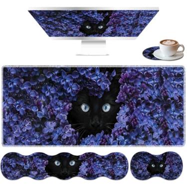 Imagem de Conjunto de mouse pad grande, mouse pad de mesa + almofada de pulso de teclado + tapete de pulso de mouse + porta-copos ergonômico, espuma de memória multifuncional, tapete de mesa - flor e gato preto