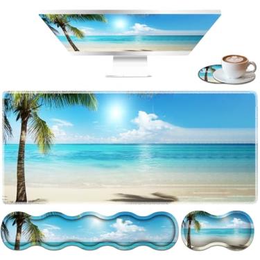 Imagem de Conjunto de mouse pad grande, mouse pad de mesa + almofada de pulso de teclado + tapete de pulso de mouse + porta-copos ergonômico, espuma viscoelástica multifuncional - Shore Palms Tropical Beach