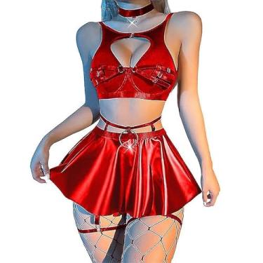Imagem de Lilosy Meia-liga sexy com aro aro push up cinta-liga saia feminina 5 peças, Vermelho, G