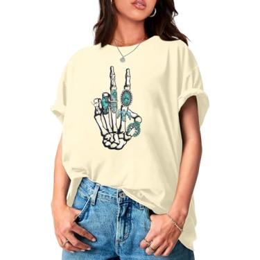 Imagem de Camiseta feminina Western Cowgirl Skeleton Concho Ring Rock Hands Casual Band Music Lovers, Damasco, P