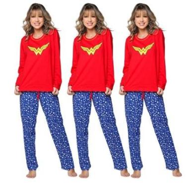 Imagem de Kit 10 Pijamas Manga Longa Estampa Mulher Maravilha Inverno-Feminino