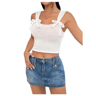 Imagem de RoseSeek Blusa feminina cropped com alças com laço sem mangas, malha slim fit, Branco, P