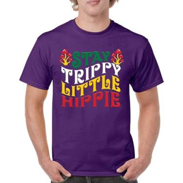 Imagem de Camiseta masculina Stay Trippy Little Hippie Puff Print Hippies Vintage Peace Love Happiness Retro 70s Cogumelos, Roxa, 5G