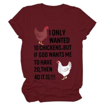 Imagem de Duobla Camiseta feminina Chicken Mom, camisetas engraçadas de manga curta, estampa de galinha, camiseta fofa casual de verão na moda, Vinho, P
