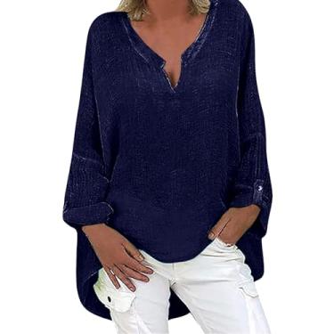 Imagem de Camisas femininas de linho de algodão 2024 Henley gola longa blusas elegantes modernas blusas de verão soltas confortáveis túnica tops, Azul, 3G