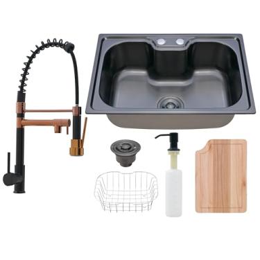 Imagem de HOLTTER Kit Cuba Aço Inox Preta Tábua Torneira Gourmet Flexível Cuba Gourmet Aço Inox Acessórios Torneira Gourmet de Bancada Flexível Monocomando Torneira Gourmet Parede (Bancada, Preto + Rose Gold)