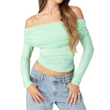 Imagem de Blusa feminina de manga comprida com ombro de fora Y2k cropped slim justa sólida básica camisetas casuais para sair, Verde 2, G