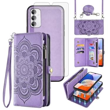 Imagem de Asuwish Capa de celular para Samsung Galaxy A14/M14 5G carteira com zíper destacável com protetor de tela de vidro temperado alça transversal flor compartimento para cartão A 14 4G 14A 14M G5 mulheres
