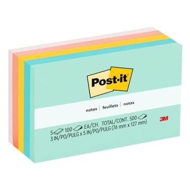 Imagem de Post-it Observações, 7,6 x 12,7 cm, 5 blocos, notas adesivas favoritas número 1 dos EUA, coleção Marselha, cores pastel (rosa, menta, amarelo), reciclável (655-AST)