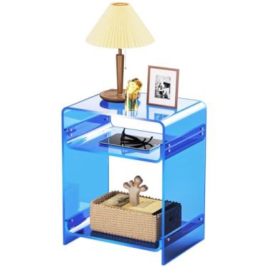 Imagem de Mesa de canto de acrílico com prateleira de armazenamento mesa lateral transparente mesa de cabeceira (15,7 x 19,7 x 11,8) (azul)