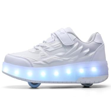 Imagem de Yogeeft Tênis infantil com rodas duplas – Tênis infantil atualizado para presentes, tênis de skate com rodas retráteis para crianças, recarregável, para presente de festa de aniversário, Viv-branco,