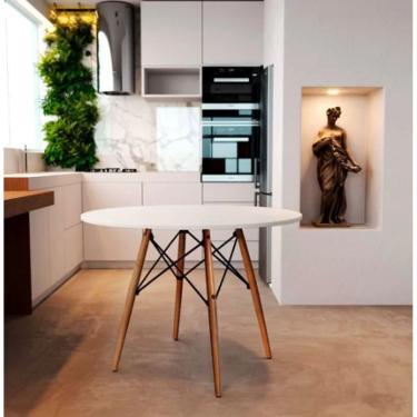 Imagem de Mesa Redonda de Jantar Eames Eiffel 110cm Branca Base Madeira Maciça