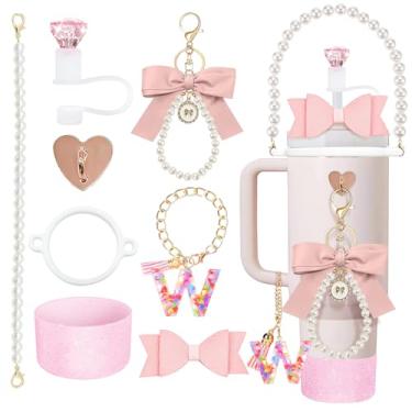 Imagem de Conjunto de acessórios de copo Stanley rosa de 8 peças para copo Stanley Cup 30 e 1,134 g - tampa e bota de capa de canudo de silicone, pingente de letra para alça, canudo de arco e decoração de