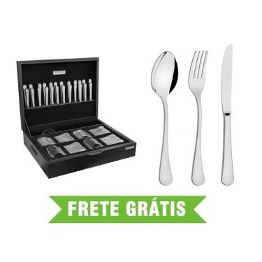 Imagem de Faqueiro Zurique 101 Peças em Aço Inox com Facas de Mesa Acabamento Alto Brilho com Estojo de Madeira Tramontina 66986/214