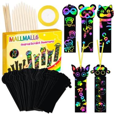 Imagem de MALLMALL6 70 peças de marcadores de livro de arranhão de animais, arco-íris, etiquetas de pendurar para fazer você mesmo, lembrancinhas de festa, tema de festa de aniversário, sala de aula, material escolar, kit de