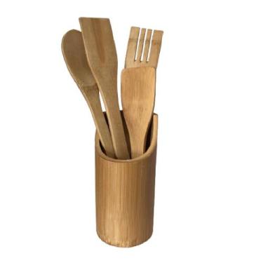 Imagem de Kit Utensílios Em Bambu Colher Espátula Com Suporte 5 Pçs - Geral