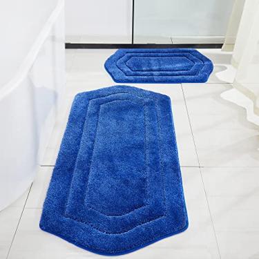 Imagem de COSY HOMEER Tapetes de banheiro extragrossos – Tapetes de banheiro antiderrapantes de fio de pelúcia macio 100% poliéster microforte, tapete para sala de estar, quarto, tapete absorvente de água (azul, 51 x 81 + 61 x 122 cm)