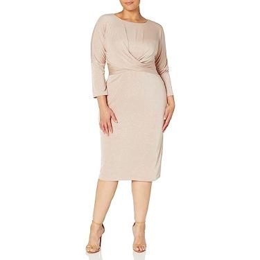 Imagem de London Times Vestido feminino plus size manga 3/4 com cintura cruzada, Bronzeado, 46
