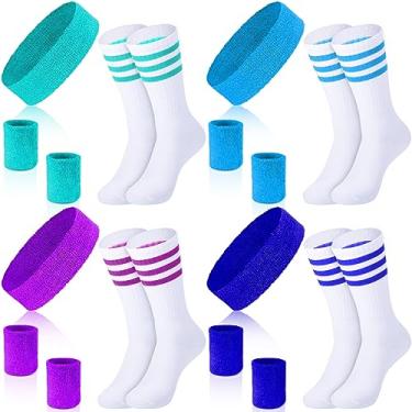 Imagem de Conjunto de pulseiras e meias listradas, faixas absorventes de algodão, faixa de suor, meias altas para mulheres, homens, academia, anos 80, faixas de moletom de festa neon (cor requintada, conjunto com 4)