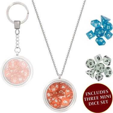 Imagem de DND Dice Set Locket/Keychain - 3 Polyhedral Mini Dice Sets Included - Perfect RPG/Dungeons & Dragons (D&D) Accessories Gifts. Tiny/Micro Red, Blue & Clear Set Have D20 D12 D10 D8 D6 Sided Dice.