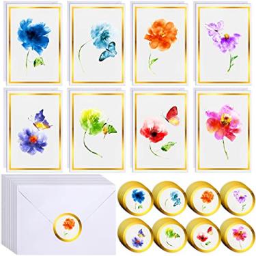 Imagem de Colarr 80 conjuntos de cartões de felicitações de flores em aquarela cartões florais em branco a granel com envelopes adesivos de papel cartões de notas de folha dourada conjunto de presente para aniversário dia das mães 10 x 15 centímetros
