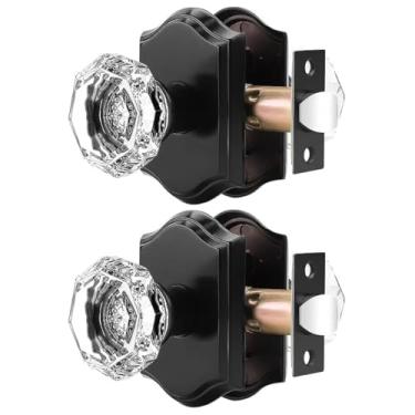 Imagem de Orger Puxadores de porta de passagem para corredor e armário, maçanetas de vidro com trava que não trava, maçanetas octogonais de cristal transparente, pacote com 2, roseta vintage preta com cristal resistente