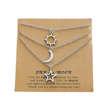 Imagem de COLORFUL BLING Colar de aço inoxidável com estrela do sol e da lua, conjunto de 3 melhores amigas, amizade, irmã, para mulheres, adolescentes, meninas, mãe, filha, melhores amigos, joias para presente, Metal, Liga metálica.