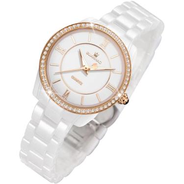 Imagem de GUANHAO Relógios femininos de cerâmica, moda feminina, elegante, relógio de pulso feminino com detalhes de diamante, calendário à prova d'água, vidro mineral, B - ouro branco, Moda casual