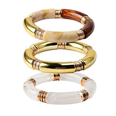 Imagem de GOOJIDS Pulseira simples com contas banhadas a ouro grosso tubo de bambu curvado empilhável contas coloridas de acrílico transparente conjunto de pulseiras banhadas a ouro para mulheres, 6.6 inches