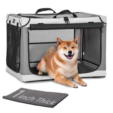 Imagem de PETSFIT Caixa para cães com laterais macias, caixa para cães de viagem – 76 cm fácil de montar, leve, resistente, confortável por dentro com tapete espesso, canil dobrável para casa e viagem, cinza