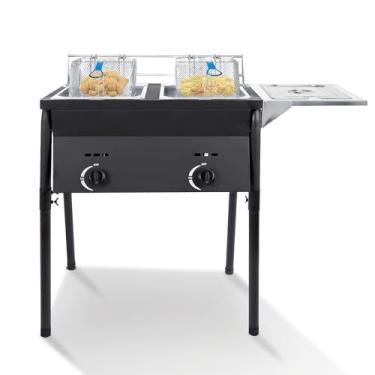 Imagem de KEEKR Fritadeira preta com dois tanques para ambientes externos | Fritadeira comercial propano com 2 tampas de cesta e tampa de aço inoxidável | Grande capacidade de tanque de óleo com botões reguladores