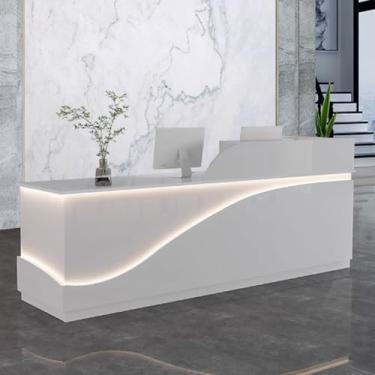 Imagem de Mesa de recepção moderna para escritório, mesa de balcão de recepção, recepção de recepção, mesa de balcão de escritório de madeira projetada com tiras de luz para salões de beleza, branca, 120 cm