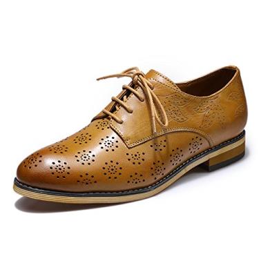 Imagem de Mona flying Sapato feminino de couro Oxford Brogue Derby com cadarço, Marrom, 36