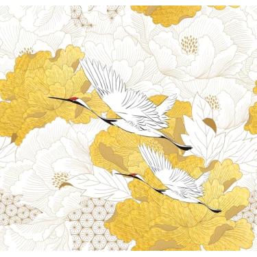 Imagem de Livelynine 44,5 x 701 cm papel de parede de guindaste japonês descascar e colar rolos de papel de parede tradicionais pré-colados pássaros florais dourados guindastes vintage papel de contato amigável