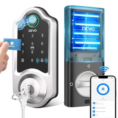 Imagem de DEVO Trava inteligente G8, fechadura de porta de entrada sem chave de impressão digital 6 em 1 com campainha, Wi-Fi integrado, controle remoto de aplicativo, trava automática, fechadura inteligente