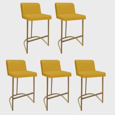 Imagem de Kit 05 Banquetas Com Encosto Noah Luxo Confort Bistrô Cozinha Ferro Dourado Corino Amarelo - Ahz Móveis