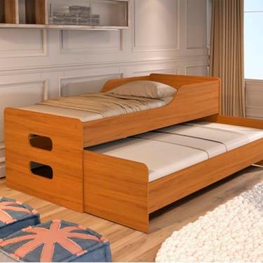 Imagem de Cama Solteiro com Bicama Auxiliar em MDF com Rodinhas, Design Moderno, Estrutura Reforçada, Ideal para Quarto Compacto (Amendoa)