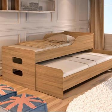 Imagem de Cama Solteiro com Bicama Auxiliar em MDF com Rodinhas, Design Moderno, Estrutura Reforçada, Ideal para Quarto Compacto (Nature)