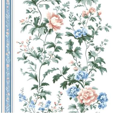 Imagem de XRUIBZI Papel de parede floral branco vintage boho folha azul contato flor mural de parede vinil impermeável autoadesivo removível para locatário papel de parede 44,5 cm x 998,2 cm