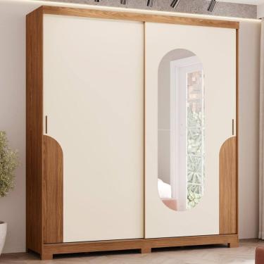 Imagem de Guarda Roupa Alonzo 2 Portas Deslizantes 3 Gavetas Detalhes e Espelho com Cantos Arredondados Espresso Móveis Marrom/Off White