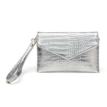 Imagem de CuteClear Bolsa de mão feminina de couro sintético, bolsa noturna com alça de pulso e corrente, Prata