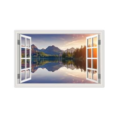 Imagem de Imagem paisagem janela falsa-Impressões lona arte parede natural-Mountain Tree Lake-Pintura mural decoração 30x50cm-12x19in sem moldura
