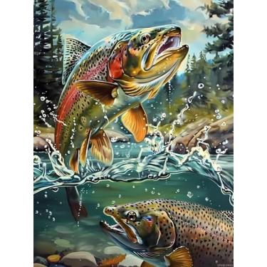 Imagem de UPABLUNSO Pintura de diamante para adultos 5D The Living Fish Kit de arte de diamante de broca completa DIY conjunto de pintura de pedras de peixe quarto sala de estar decoração de parede presentes