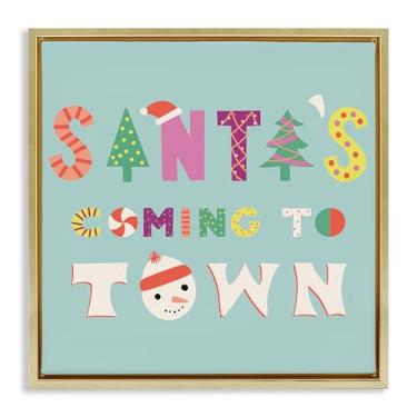 Imagem de Stupell Industries Arte de parede em tela flutuante emoldurada dourada do Papai Noel que vem à cidade, design da Sazerelli Designs, 25 x 25
