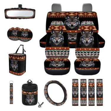 Imagem de Wanyint Aztec Wolf Conjunto de 15 capas de assento de carro com capa de volante, capa de cinto de segurança, latas de lixo, bolsa de ventilação de ar, capa de espelho retrovisor, porta-copos, chaveiro