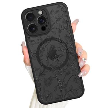 Imagem de AIGOMARA Capa magnética para iPhone 15 Pro Max, compatível com Magsafe linda flor de sálvia preta estampa floral com protetor de tela fosco translúcido capa de celular para mulheres e meninas