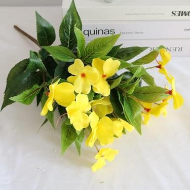 Imagem de Flor artificial ao ar livre seda flor imortal proteção UV Azaléia artificial impatiens planta imortal pequena floral para plantador ao ar livre terraço jardim decoração cesta suspensa (amarelo, 8