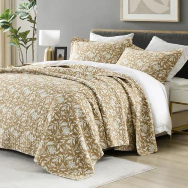 Imagem de CozyQQ Colcha floral marrom laranja – 100% algodão orgânico, colcha de edredom vintage, leve e acolchoado, reversível macio e aconchegante para todas as estações, conjunto de cama com 2 fronhas, 248